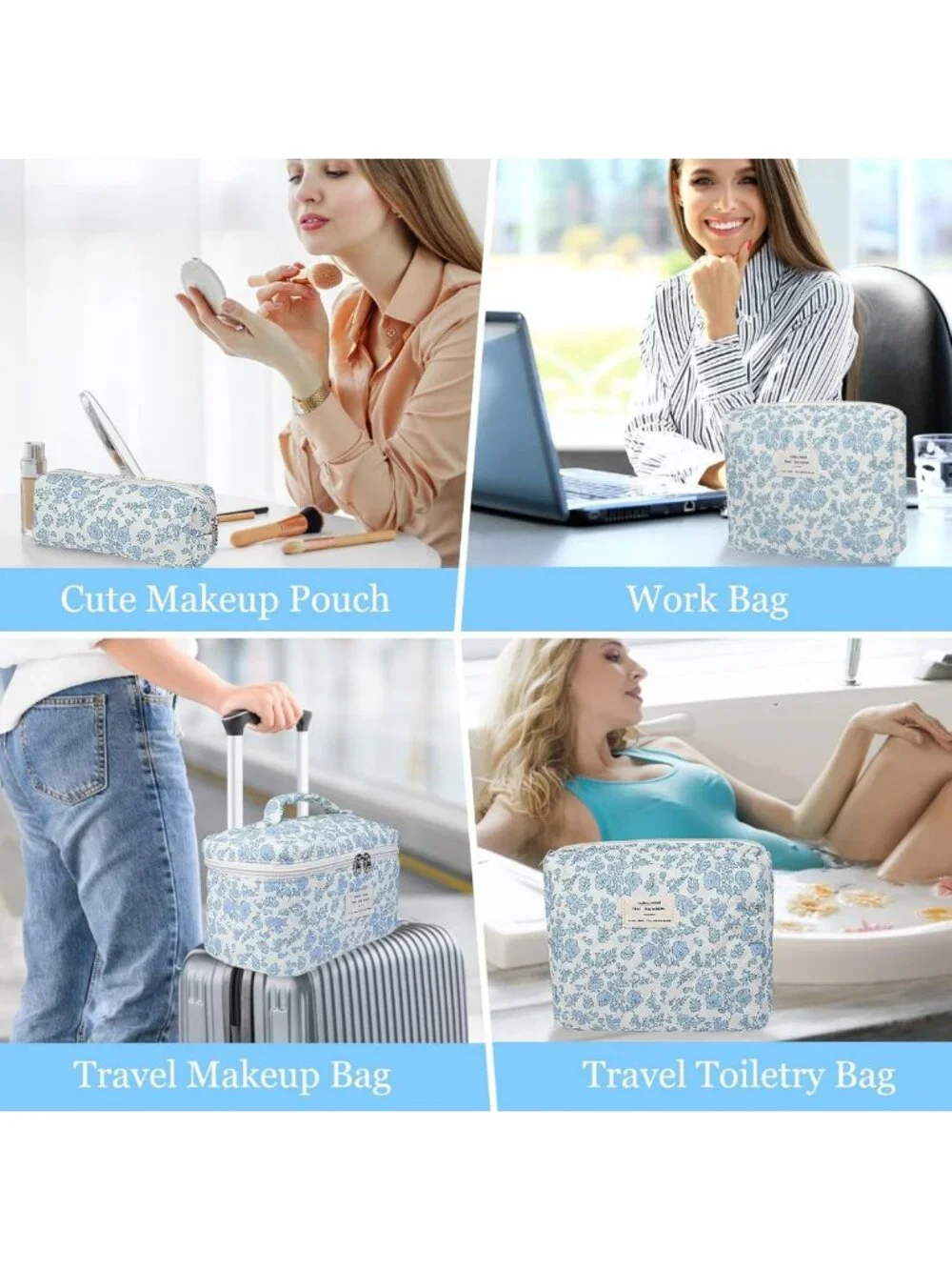 3pc Floral Makeup Bag Set - Quilted Cosmetic Organizer for Travel & Toiletries